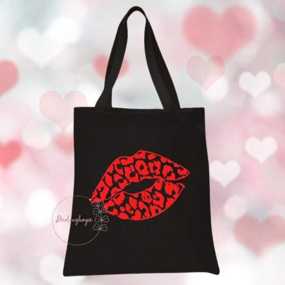 Red Leopard Print Lips Reusable Heavy Canvas Tote Black
